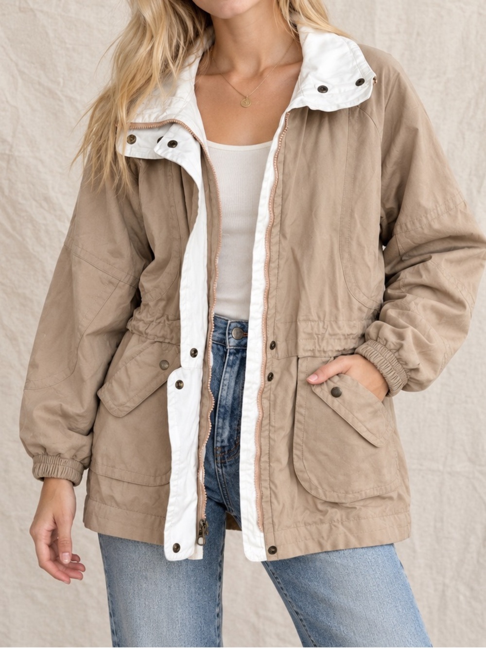 Vintage 90s London Fog Towne Beige and White Utility Chore Jacket